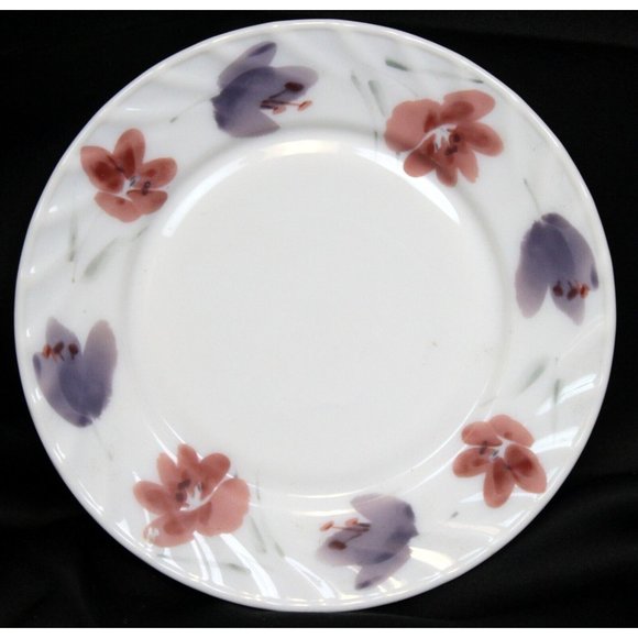 Gibson Dessert Salad Plate White Glass Purple Pink Flowers Ruffled Top 8" - Picture 1 of 5
